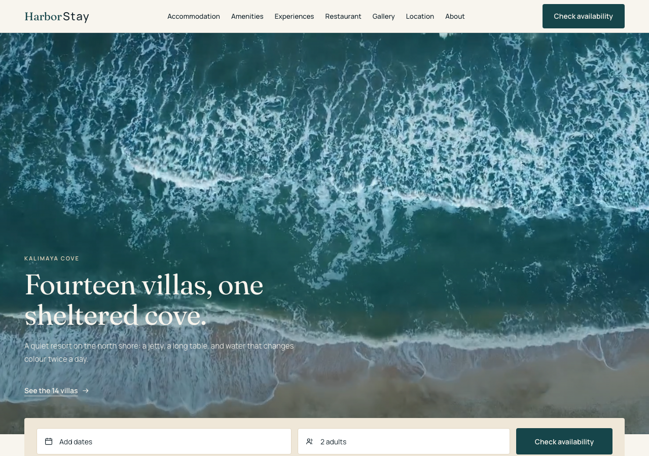 HarborStay desktop homepage with hero villa photography, cove introduction, and featured property cards