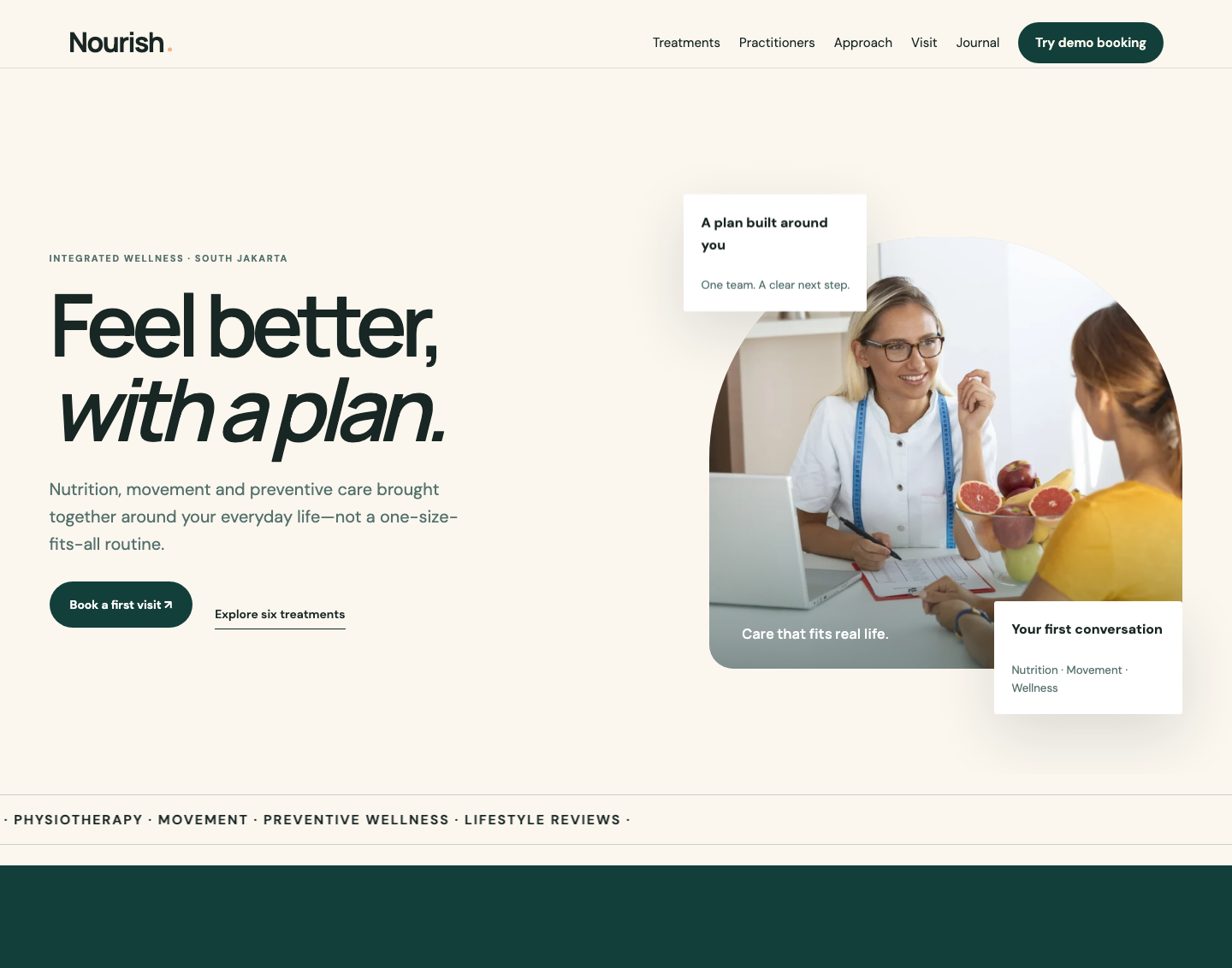 Nourish clinic desktop homepage with warm healthcare photography, services, and appointment guidance