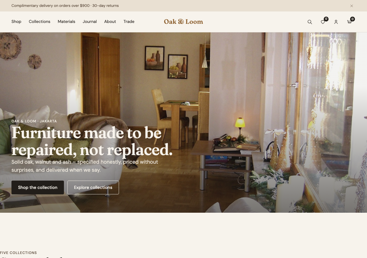 Oak & Loom desktop homepage with featured furniture collection, product grid, and editorial journal preview