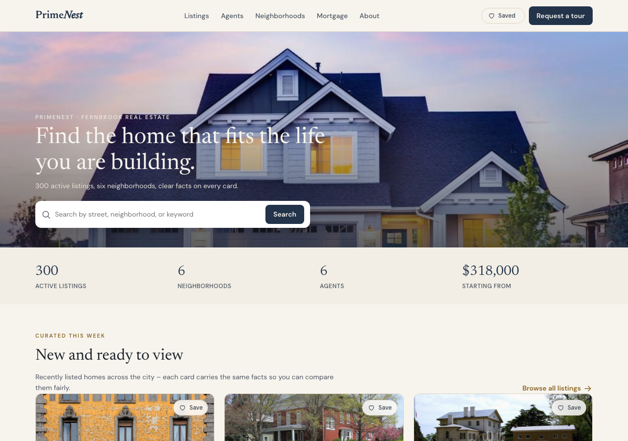 PrimeNest desktop homepage with property search, neighbourhood cards, and featured listings grid
