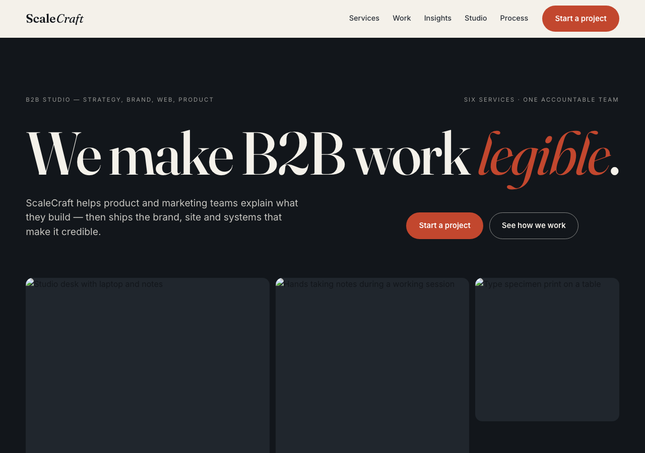 ScaleCraft desktop homepage with studio introduction, service overview, and sector engagement summary